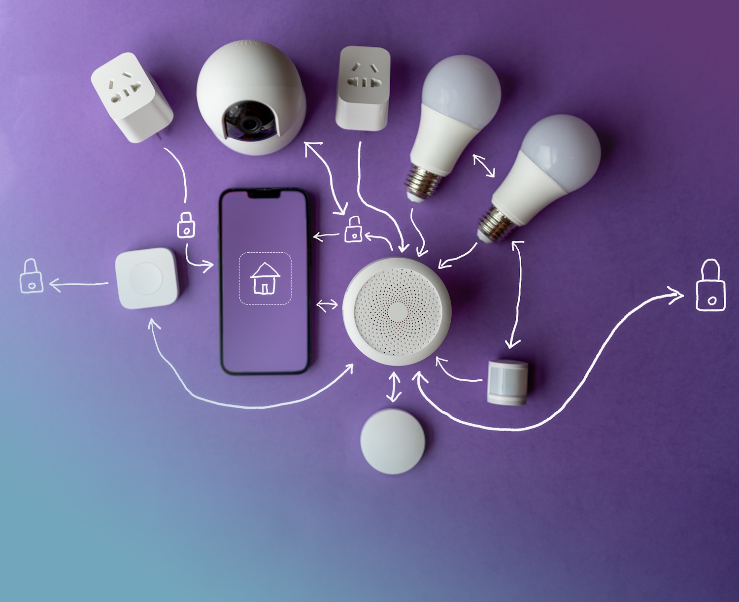 Conjunto de productos domóticos sobre un fondo morado
